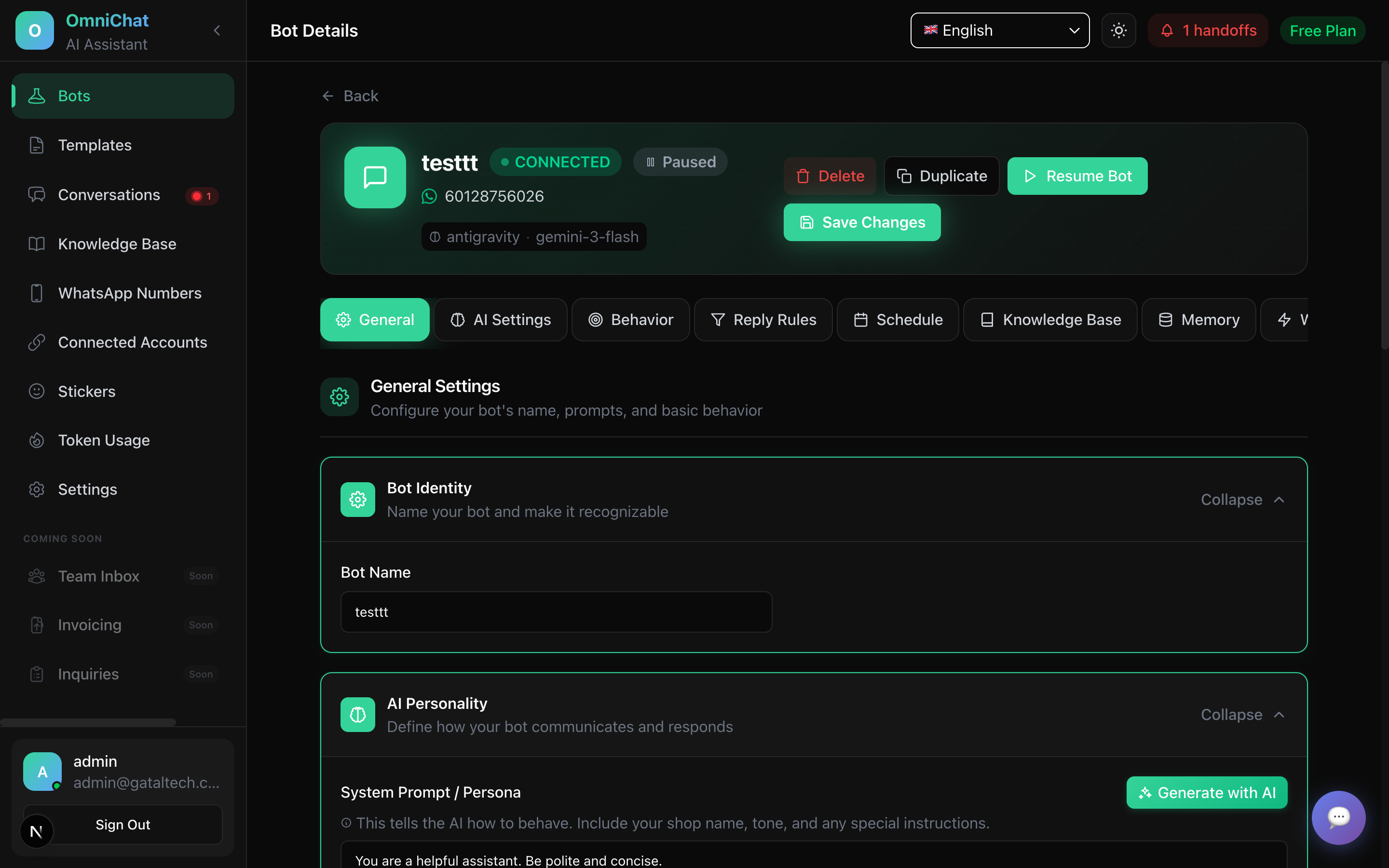 Bot configuration with 12 settings tabs
